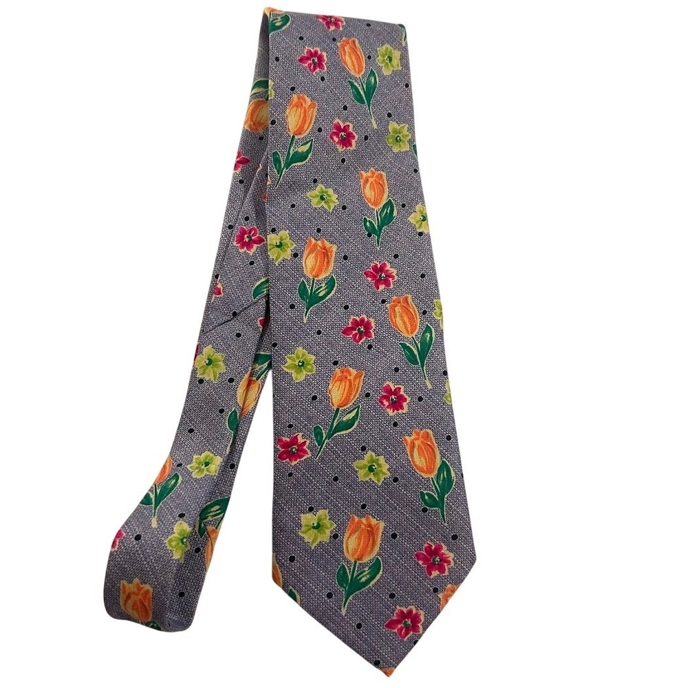 Marks & Spencer Mens Silk Tie Blue‎ Grey Orange Tulip Floral Polka Dot Print